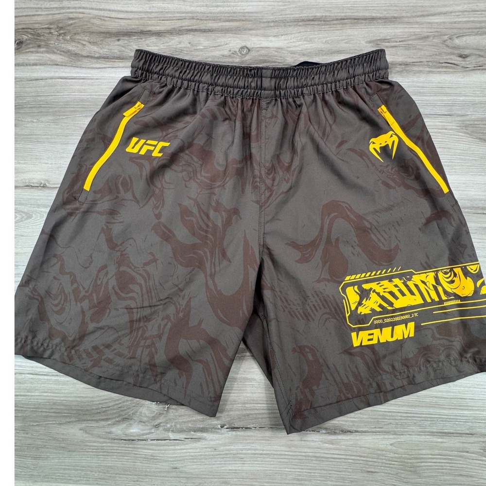EUC Venum UFC Performance Training Shorts Brown Yellow Graphic MMA Mens Large L